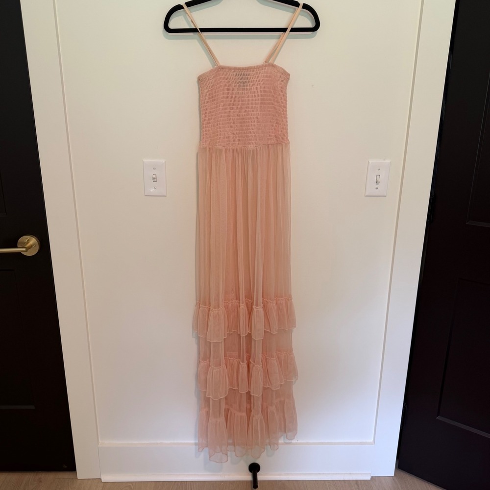 Forever 21 Pink Smocked Mesh Tiered Ruffle Maxi Dress Womens Small Sleeveless - Picture 2 of 3